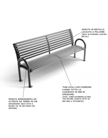Panchina con schienale e braccioli, realizzata interamente in Metallo - seduta ergonomica - Dimensioni cm 215x64x91h