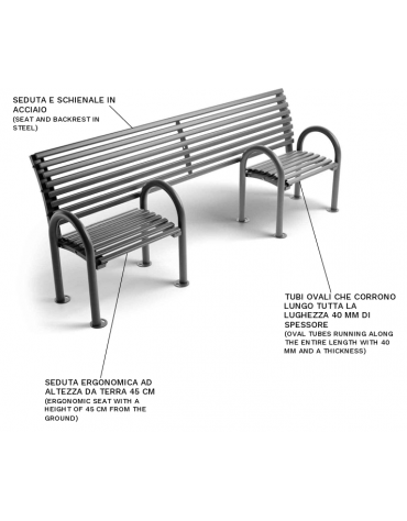Panchina 3 posti inclusiva con spazio centrale per carrozzina - realizzata in Metallo - Dimensioni cm 242x64x91h