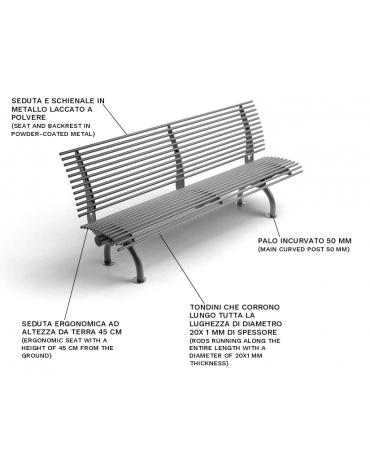 Panchina con schienale e supporti incurvati, realizzata interamente in Metallo - Dimensioni cm 200x64x90h