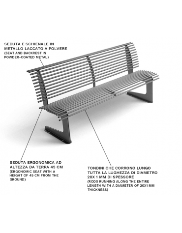 Panchina con schienale e supporti sagomati, realizzata interamente in Metallo - Dimensioni cm 200x64x86 h