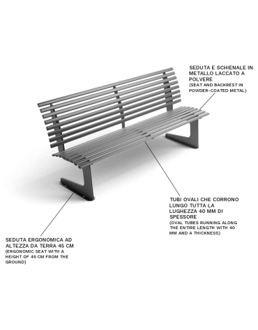 Panchina da esterno con schienale, realizzata interamente in Metallo - Dimensioni cm 200x64x91h