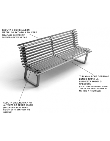 Panchina con schienale, realizzata interamente in Metallo - supporti ad anello chiuso - Dimensioni cm 200x65x91h