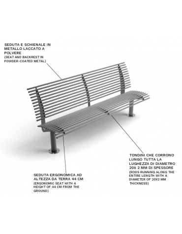 Panchina con schienale, realizzata interamente in Metallo - con basi a colonna - Dimensioni cm 200x62x89h