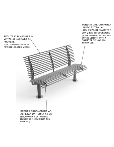 Panchina con schienale, realizzata interamente in Metallo - con basi a colonna - Dimensioni cm 150x62x89h