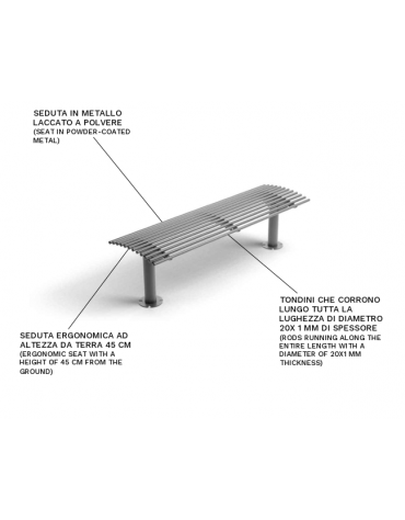 Panchina senza schienale, realizzata interamente in Metallo - con basi a colonna - cm 150x45x43h