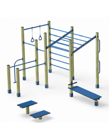 Palestra Workout base, struttura in legno di pino nordico e tubi in acciaio, con panca addominali e step - cm 684x469x241h