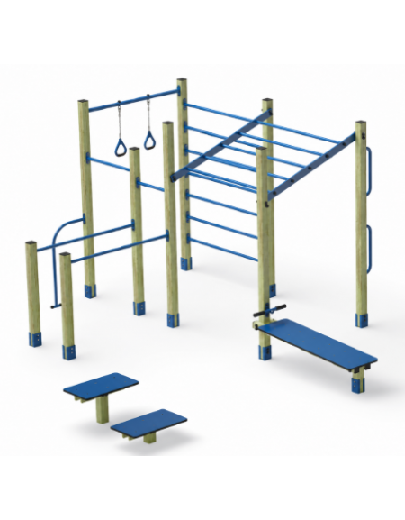 Palestra Workout base, struttura in legno di pino nordico e tubi in acciaio, con panca addominali e step - cm 684x469x241h