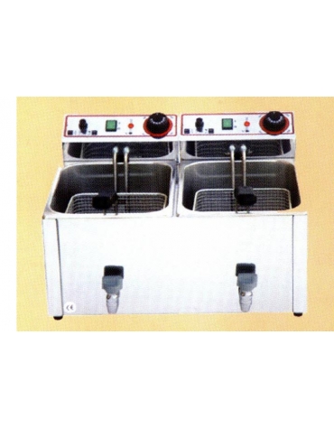 Friggitrice elettrica da banco con rubinetto di scarico - 2 vasche Lt 10+10 - Monofase - mm 530x490x360 