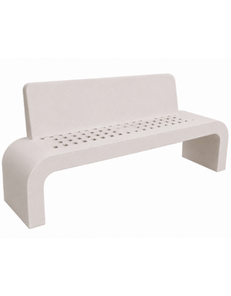 PANCHINA IN CEMENTO CON SCHIENALE, FIANCHI CURVI E SEDUTA CON FORI - COLORE BIANCO PIETRA - CM 200X50X90H - CONFORME AI CAM