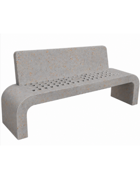 PANCHINA IN CEMENTO CON SCHIENALE, FIANCHI CURVI E SEDUTA CON FORI - COLORE GRIGIO TRAVERTINO - CM 200X50X90H - CONFORME AI CAM