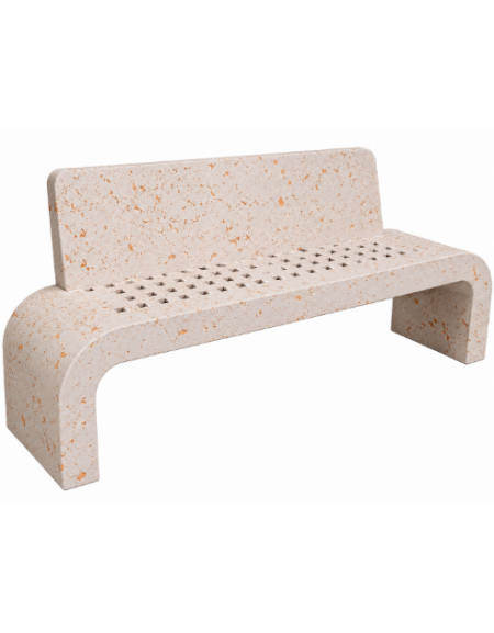 PANCHINA IN CEMENTO CON SCHIENALE, FIANCHI CURVI E SEDUTA CON FORI - COLORE BIANCO TRAVERTINO - CM 200X50X90H - CONFORME AI CAM