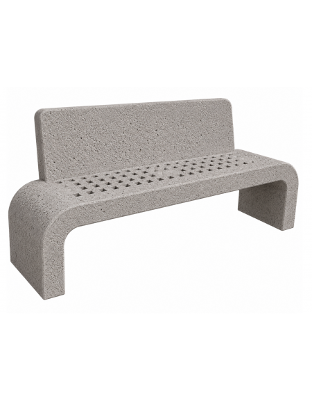 PANCHINA IN CEMENTO CON SCHIENALE, FIANCHI CURVI E SEDUTA CON FORI - COLORE BIANCO SABBIATO - CM 200X50X90H - CONFORME AI CAM