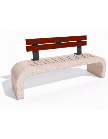 Panchina in cemento fianchi curvi con seduta forata, colore Bianco travertino - schienale legno - cm 200x50x90h - Conforme CAM