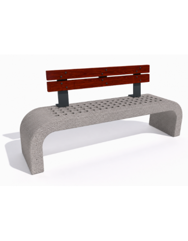 Panchina in cemento fianchi curvi con seduta forata, colore Bianco sabbiato - schienale legno - cm 200x50x90h - Conforme ai CAM