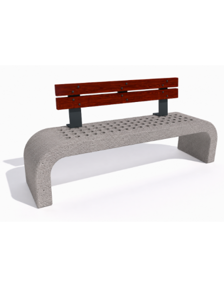 Panchina in cemento fianchi curvi con seduta forata, colore Bianco sabbiato - schienale legno - cm 200x50x90h - Conforme ai CAM