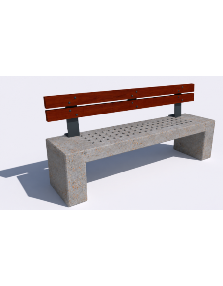 Panchina in cemento calcestruzzo con seduta forata, colore Grigio travertino - schienale in legno - cm 200x50x90h - Conforme ai 