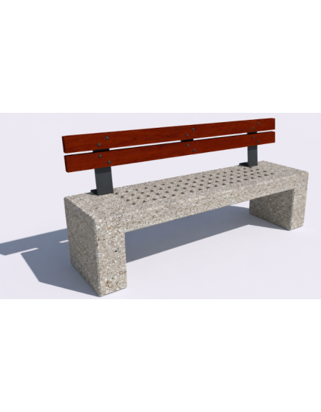 Panchina in cemento calcestruzzo con seduta forata, colore Grigio sabbiato - schienale in legno - cm 200x50x90h - Conforme CAM
