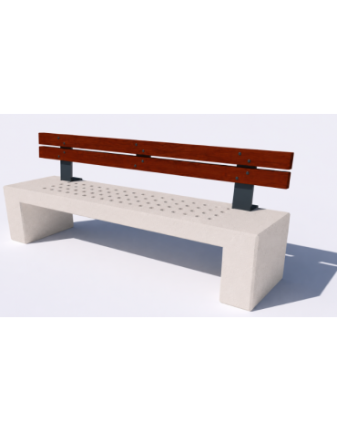 Panchina in cemento calcestruzzo con seduta forata, colore Bianco pietra - schienale in legno - cm 220x60x90h - Conforme ai CAM