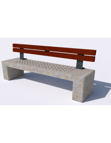 Panchina in cemento calcestruzzo con seduta forata, colore Grigio travertino - schienale in legno - cm 220x60x90h - Conforme CAM