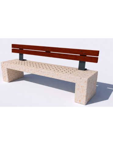 Panchina in cemento calcestruzzo con seduta forata, colore Bianco travertino - schienale in legno - cm 220x60x90h - Conforme CAM