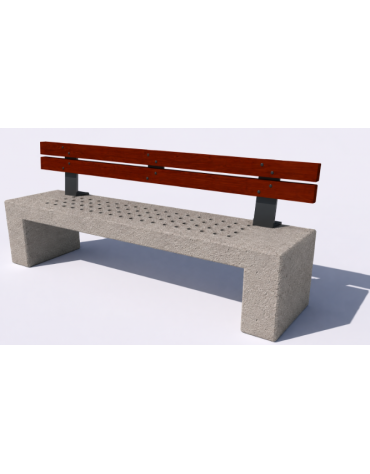 Panchina in cemento calcestruzzo con seduta forata, colore Bianco sabbiato - schienale in legno - cm 220x60x90h - Conforme ai CA
