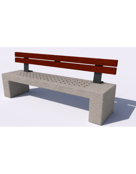 Panchina in cemento calcestruzzo con seduta forata, colore Bianco sabbiato - schienale in legno - cm 220x60x90h - Conforme ai CA