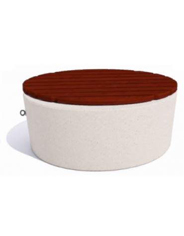 Panchina tonda svasata in cemento calcestruzzo colore Bianco pietra - seduta rivestita in legno - cm Ø112x50h - Conforme ai CAM