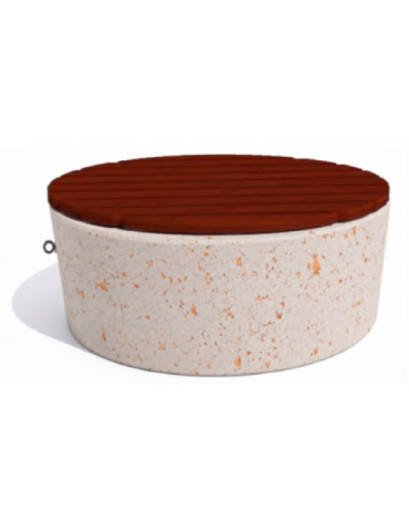 Panchina tonda svasata in cemento calcestruzzo colore Bianco travertino - seduta rivestita in legno - cm Ø112x50h - Conforme CAM