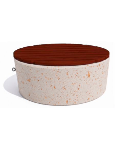 Panchina tonda svasata in cemento calcestruzzo colore Bianco travertino - seduta rivestita in legno - cm Ø112x50h - Conforme CAM
