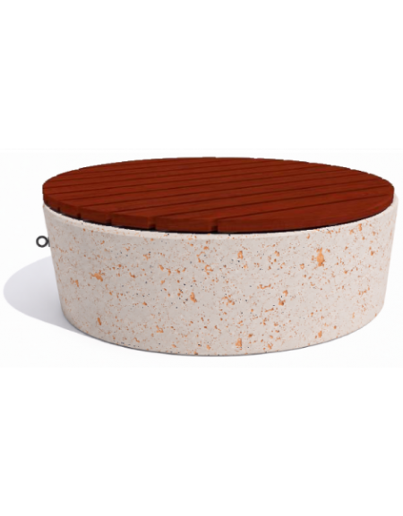 Panchina tonda svasata in cemento calcestruzzo colore Bianco travertino - seduta rivestita in legno - cm Ø151x50h - Conforme CAM