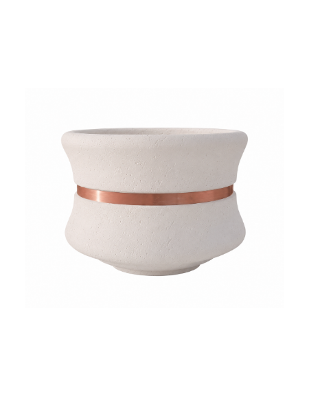 FIORIERA CIRCOLARE TONDA IN CEMENTO CALCESTRUZZO - COLORE BIANCO PIETRA - CON FASCIA COLOR RAME - CM Ø 120x65h - CAM