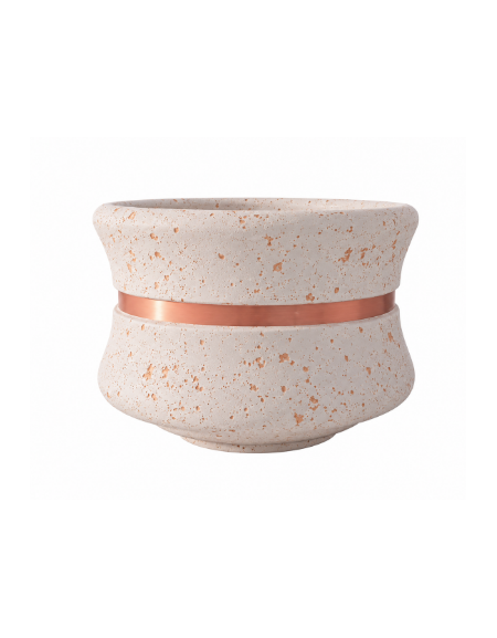 FIORIERA CIRCOLARE TONDA IN CEMENTO CALCESTRUZZO - COLORE BIANCO TRAVERTINO - CON FASCIA COLOR RAME - CM Ø 120x65h - CAM