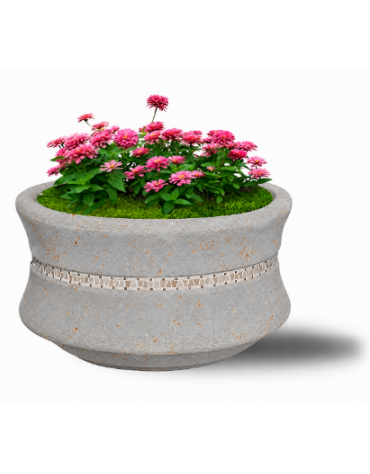 FIORIERA IN CEMENTO CALCESTRUZZO CIRCOLARE  COLORE GRIGIO TRAVERTINO - CON GRECA DECORATIVA - CM Ø 120x65h - CONFORME AI CAM