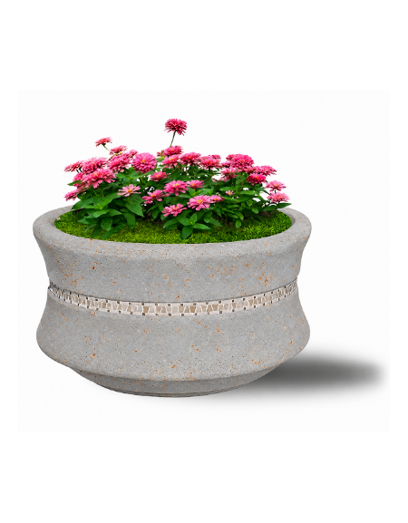 FIORIERA IN CEMENTO CALCESTRUZZO CIRCOLARE  COLORE GRIGIO TRAVERTINO - CON GRECA DECORATIVA - CM Ø 120x65h - CONFORME AI CAM