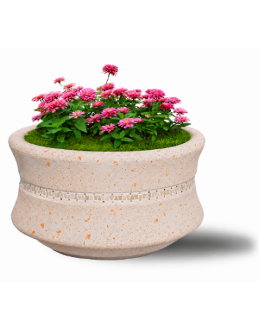 FIORIERA IN CEMENTO CALCESTRUZZO CIRCOLARE  COLORE BIANCO TRAVERTINO - CON GRECA DECORATIVA - CM Ø 120x65h - CONFORME AI CAM
