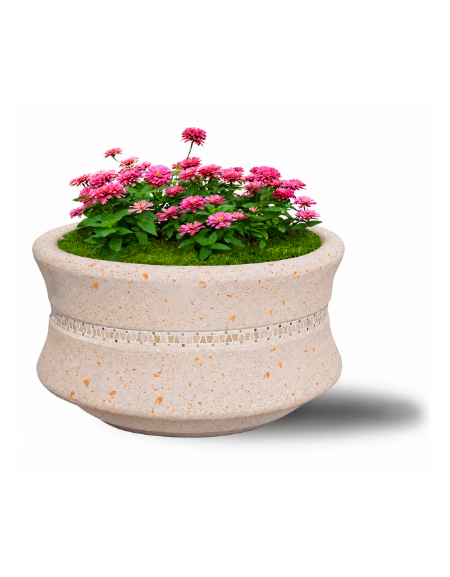 FIORIERA IN CEMENTO CALCESTRUZZO CIRCOLARE  COLORE BIANCO TRAVERTINO - CON GRECA DECORATIVA - CM Ø 120x65h - CONFORME AI CAM