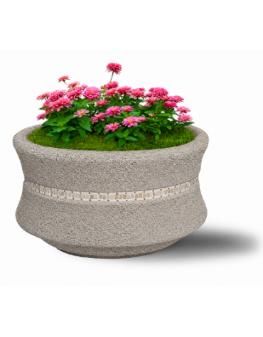 FIORIERA IN CEMENTO CALCESTRUZZO CIRCOLARE  COLORE BIANCO SABBIATO - CON GRECA DECORATIVA - CM Ø 120x65h - CONFORME AI CAM