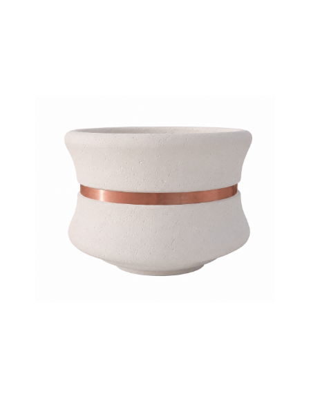 FIORIERA CIRCOLARE TONDA IN CEMENTO CALCESTRUZZO - COLORE BIANCO PIETRA - CON FASCIA COLOR RAME - CM Ø 90x65h - CONFORME AI CAM