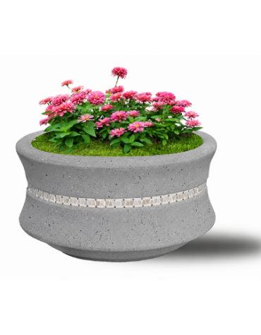 FIORIERA IN CEMENTO CALCESTRUZZO CIRCOLARE  COLORE GRIGIO PIETRA - CON GRECA DECORATIVA - CM Ø 90x65h - CONFORME AI CAM