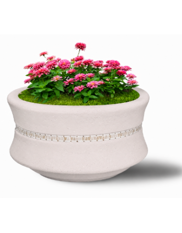 FIORIERA IN CEMENTO CALCESTRUZZO CIRCOLARE  COLORE BIANCO PIETRA - CON GRECA DECORATIVA - CM Ø 90x65h - CONFORME AI CAM