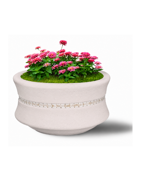 FIORIERA IN CEMENTO CALCESTRUZZO CIRCOLARE  COLORE BIANCO PIETRA - CON GRECA DECORATIVA - CM Ø 90x65h - CONFORME AI CAM