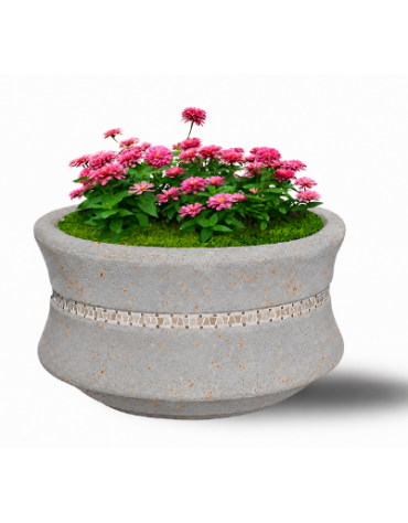 FIORIERA IN CEMENTO CALCESTRUZZO CIRCOLARE  COLORE GRIGIO TRAVERTINO - CON GRECA DECORATIVA - CM Ø 90x65h - CONFORME AI CAM