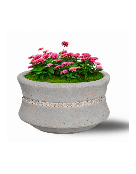 FIORIERA IN CEMENTO CALCESTRUZZO CIRCOLARE  COLORE GRIGIO TRAVERTINO - CON GRECA DECORATIVA - CM Ø 90x65h - CONFORME AI CAM