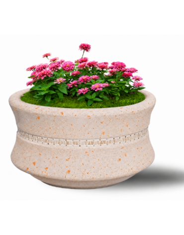 FIORIERA IN CEMENTO CALCESTRUZZO CIRCOLARE  COLORE BIANCO TRAVERTINO - CON GRECA DECORATIVA - CM Ø 90x65h - CONFORME AI CAM