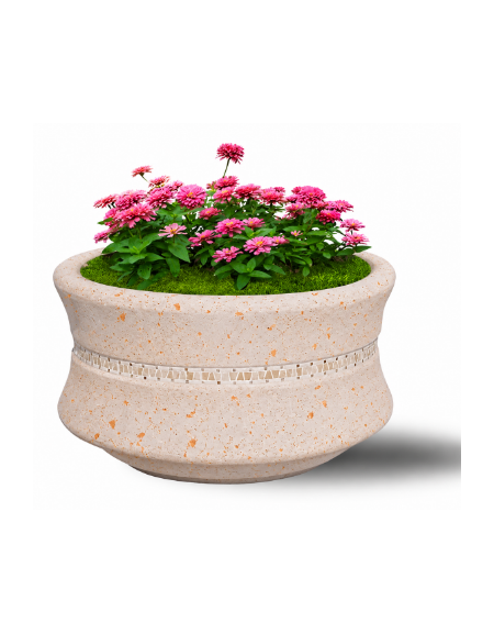 FIORIERA IN CEMENTO CALCESTRUZZO CIRCOLARE  COLORE BIANCO TRAVERTINO - CON GRECA DECORATIVA - CM Ø 90x65h - CONFORME AI CAM