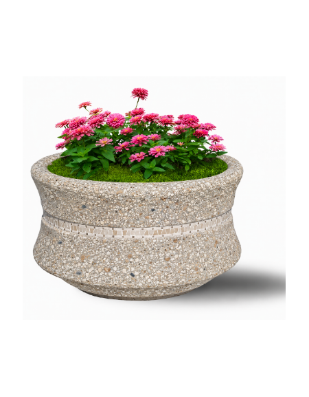FIORIERA IN CEMENTO CALCESTRUZZO CIRCOLARE  COLORE GRIGIO SABBIATO - CON GRECA DECORATIVA - CM Ø 90x65h - CONFORME AI CAM
