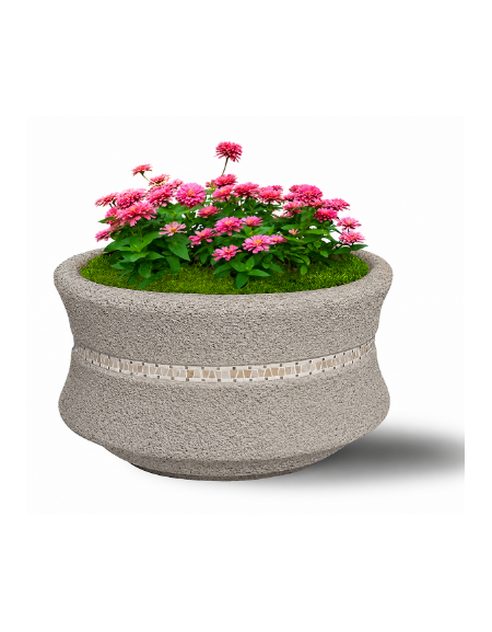 FIORIERA IN CEMENTO CALCESTRUZZO CIRCOLARE  COLORE BIANCO SABBIATO - CON GRECA DECORATIVA - CM Ø 90x65h - CONFORME AI CAM
