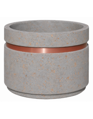 Fioriera circolare tonda in cemento calcestruzzo - fascia color rame per esterno - colore Grigio travertino - cm Ø109x67h - CAM