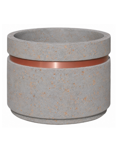 Fioriera circolare tonda in cemento calcestruzzo - fascia color rame per esterno - colore Grigio travertino - cm Ø109x67h - CAM