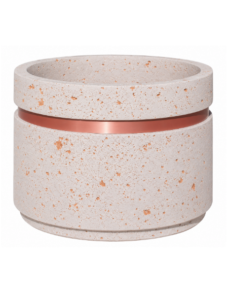 Fioriera circolare tonda in cemento calcestruzzo - fascia color rame per esterno - colore Bianco travertino - cm Ø109x67h - CAM